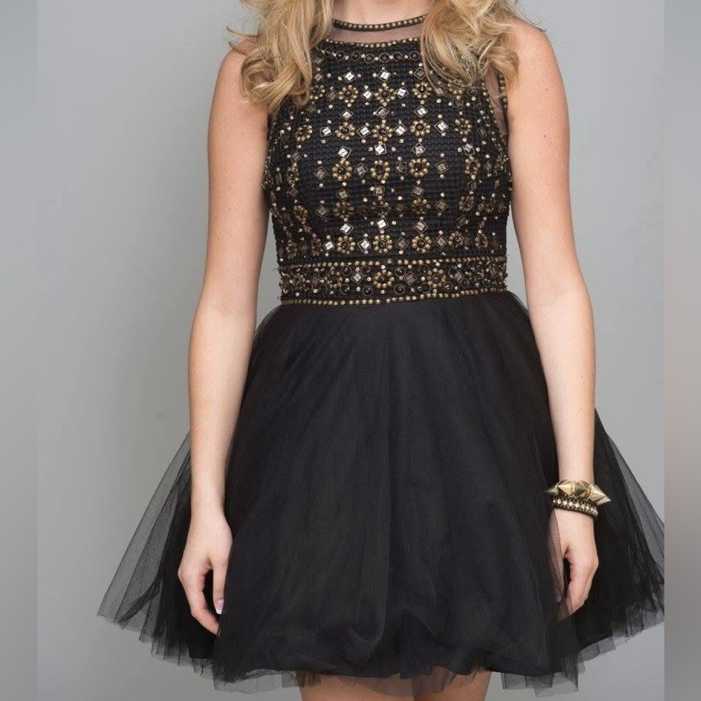 Jovani Black and Gold Cocktail Dress